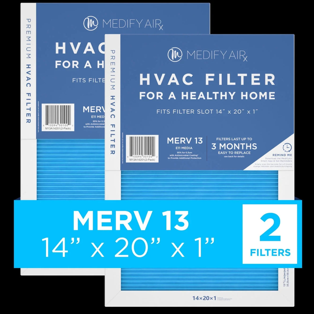 Medify Air 14x20x1 Pleated Filter 95% Particles HEPA Air Cleaning (MERV 13, 2-Pack)