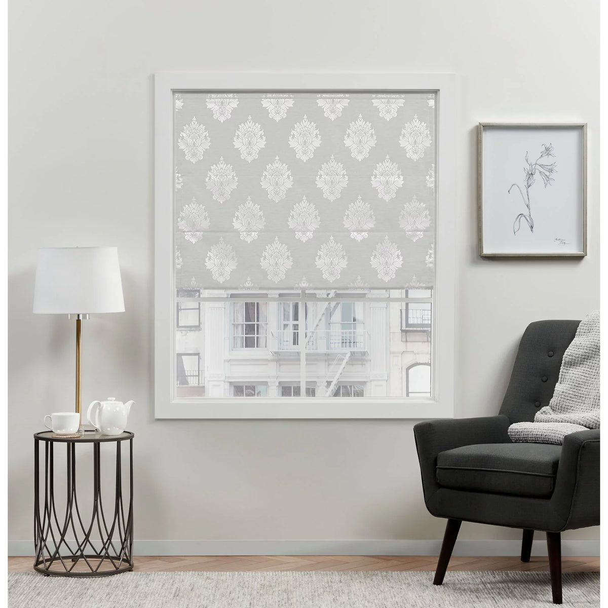 Exclusive Home Marseilles Damask 100% Blackout Roman Shade, 34"x64", Silver