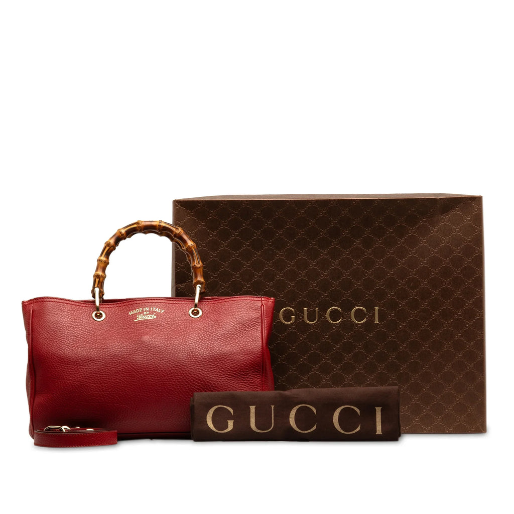 Pre-Owned Authenticated Gucci Medium Bamboo Shopper Calf Leather Red Satchel Unisex (Good)