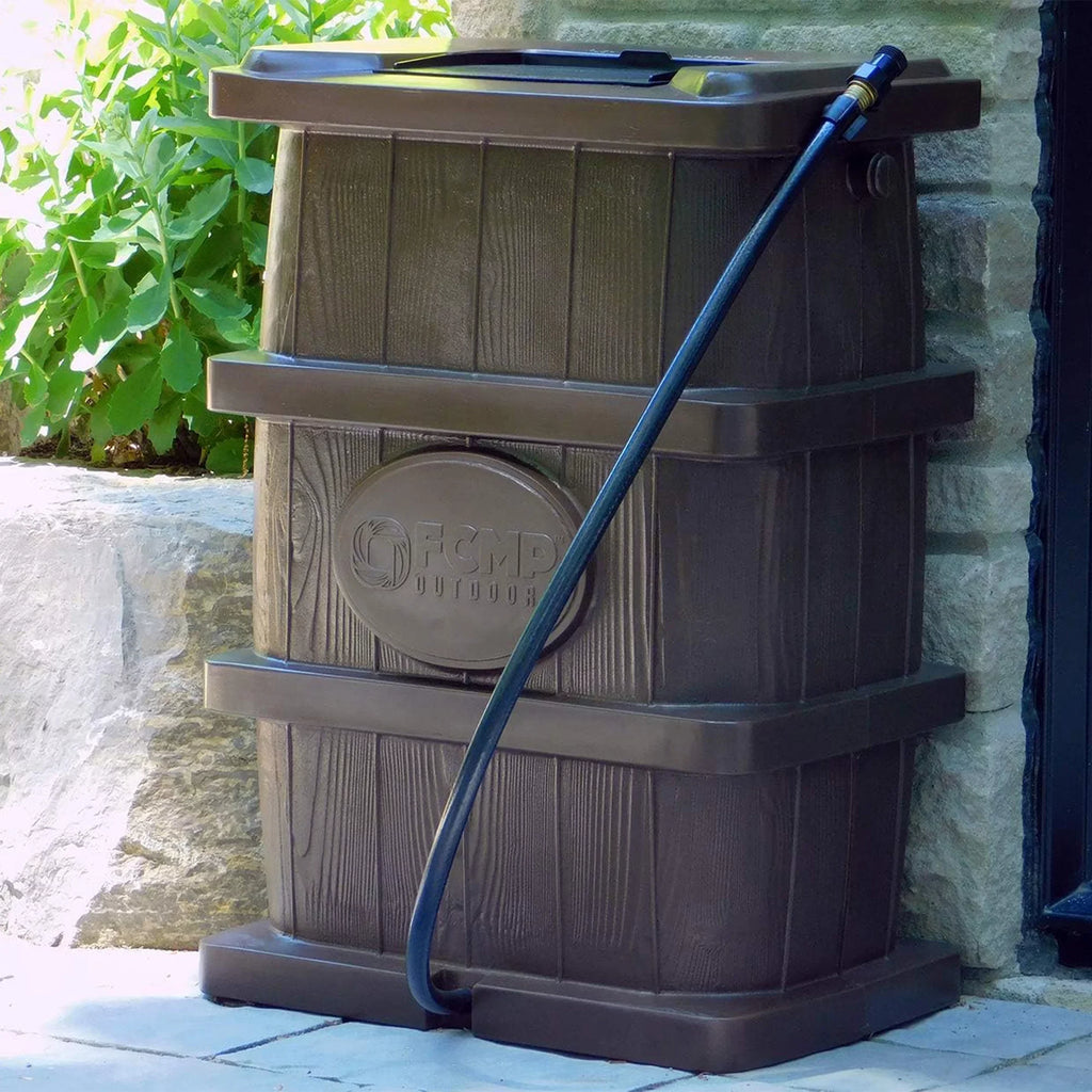 FCMP Outdoor WG4000 45 Gallon Wood Grain Rain Water Catcher Barrel, Brown