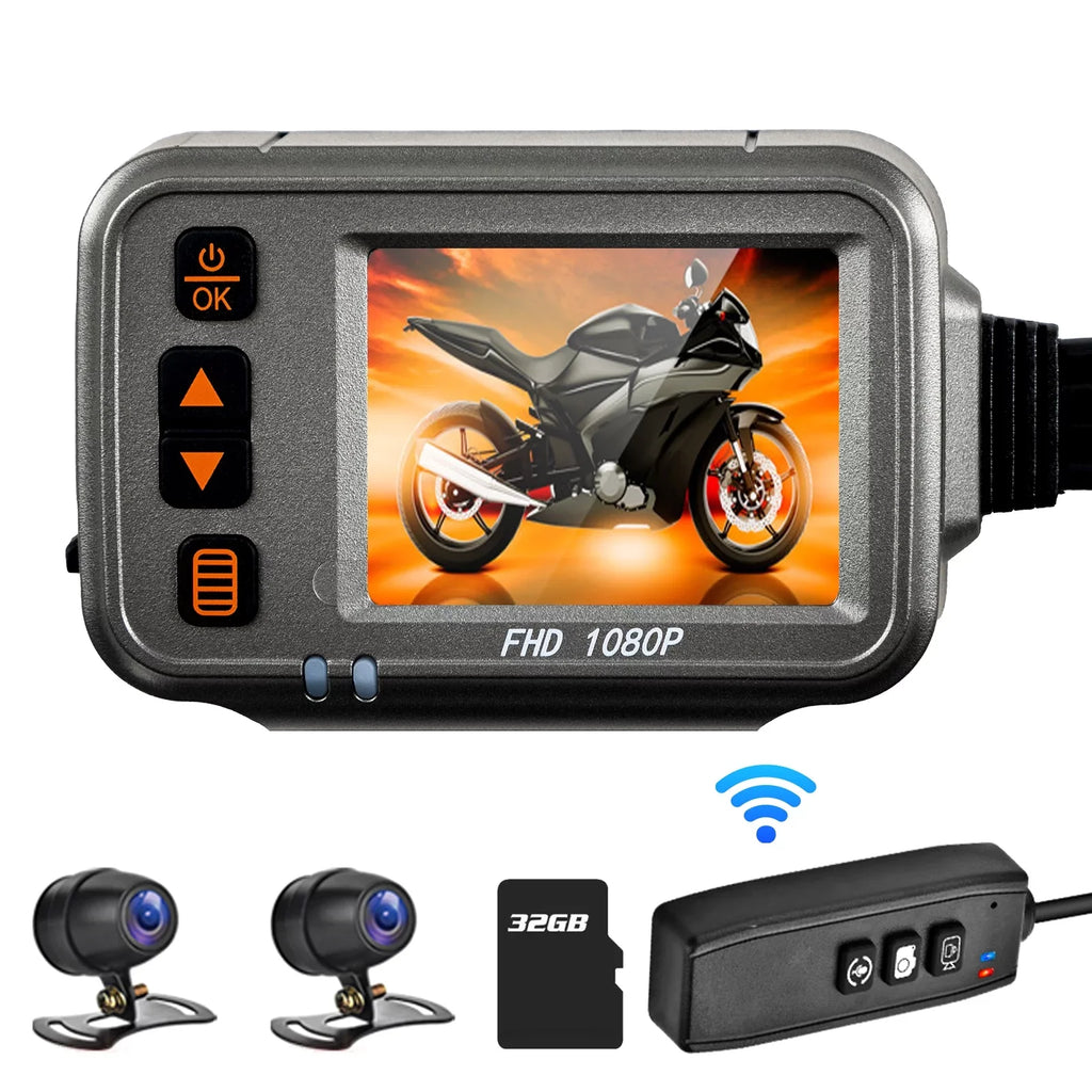 OWSOO Motorcycle Dash Cam,WiFi Dual 1080p Motorbike Camera ,120° Wide Angle,Parking , Timed Recording After Flameout Full Body Waterproof Night Vision With 32G storage card