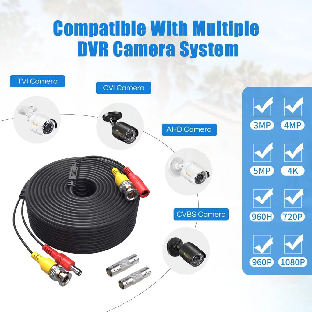 K-MAINS Pack of 4 CCTV Security Camera BNC Cable Siamese Pre-Made 2-in-1 Video and Power Universal Wire PVC Black Cord 100 feet