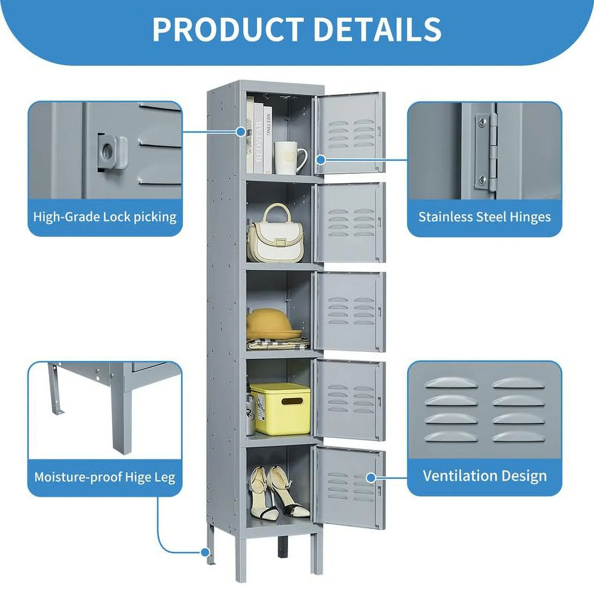 IKIMI 66" Metal Storage Cabinet Locker for School, Gym, Home Office, Steel Locker Cabinet With 5 Doors for Employees, Students
