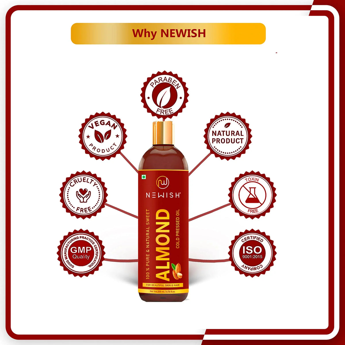 Newish® Badam Rogan Oil | 100% Pure & Natural Cold Pressed Sweet Almond Oil For Hair, Body And Skin, Unrefined 200Ml (Pack Of 1)