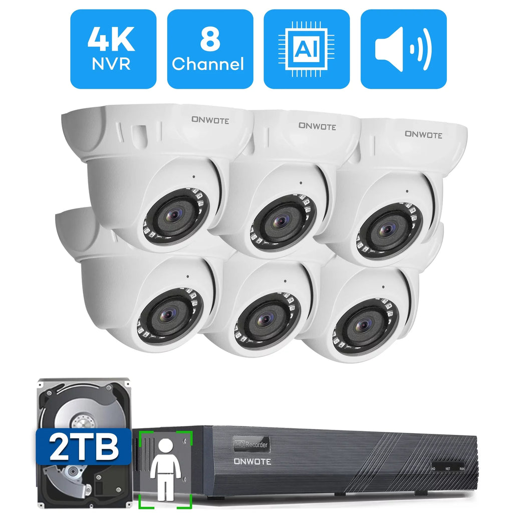 ONWOTE 8 Channel 4K Security Camera System, AI Human Detection, 8CH 4K 8MP POE NVR with 2TB HDD for 24/7 Recording, 6pcs 4K Wide Angle Outdoor Cameras Wired, 8 Channel Synchronous Playback
