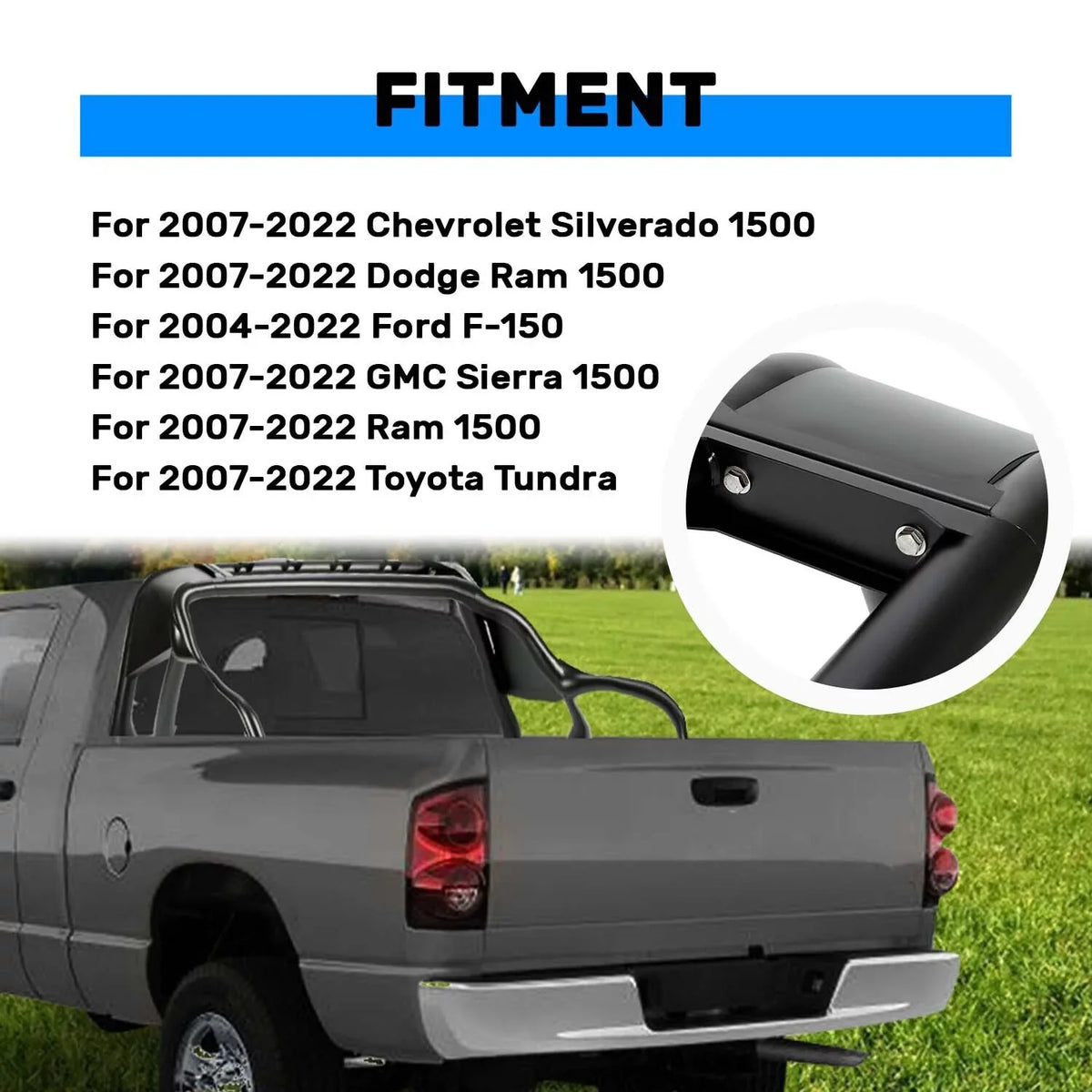 KOJEM Black Roll Bar Bed Cargo Sport Rack Head for 07-22 Chevrolet Silverado 1500 Dodge Ram 1500 GMC Sierra 1500 Ram 1500 Toyota Tundra 04-22 Ford F-150