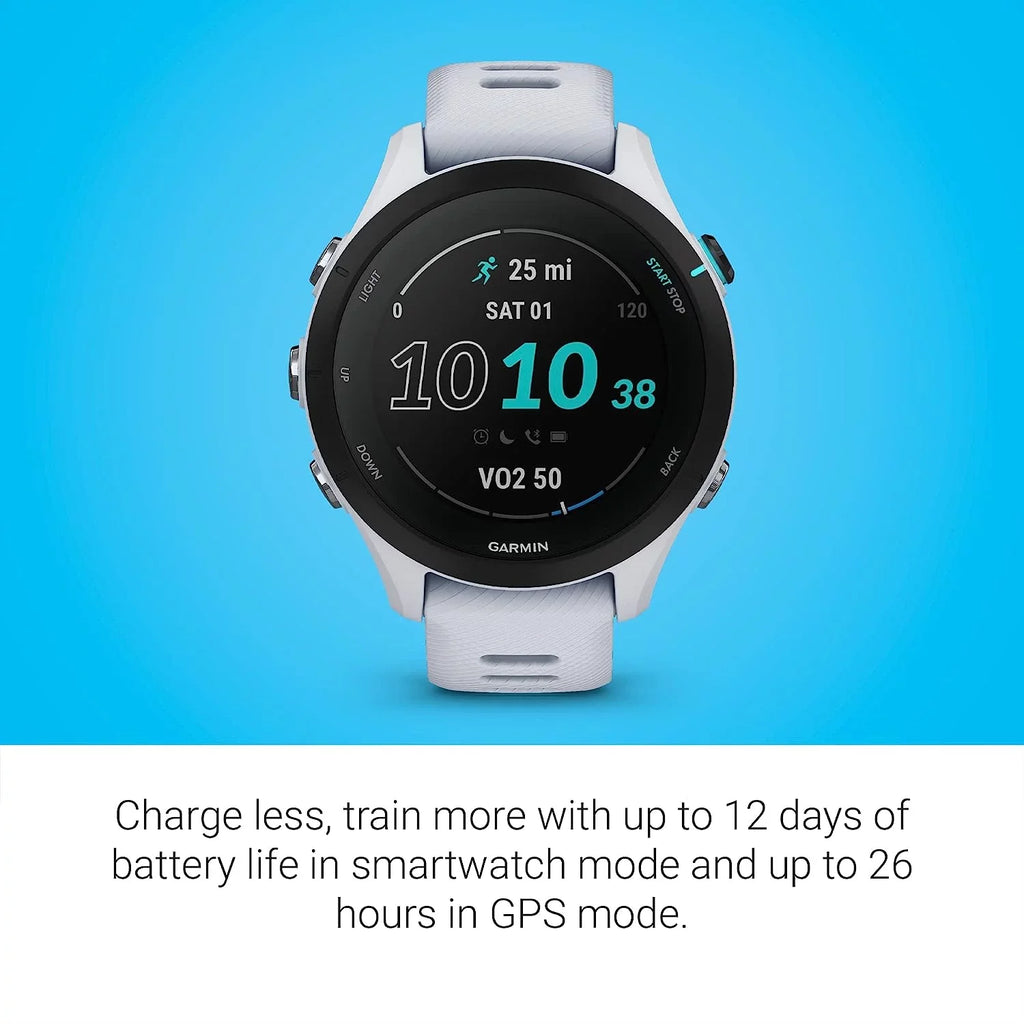 Garmin Forerunner 255S Music, Smaller GPS Running Smartwatch with Music, Advanced Insights, Long-Lasting Battery, Whitestone with Charging Base, Workout Towel, 6Ave Travel & Cleaning Kit