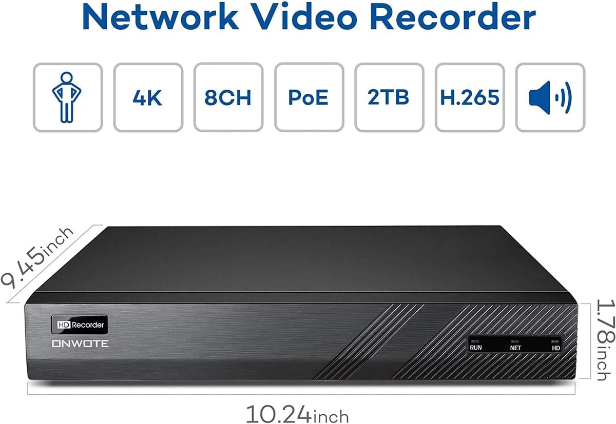 ONWOTE 8 Channel 4K Security Camera System, AI Human Detection, 8CH 4K 8MP POE NVR with 2TB HDD for 24/7 Recording, 6pcs 4K Wide Angle Outdoor Cameras Wired, 8 Channel Synchronous Playback