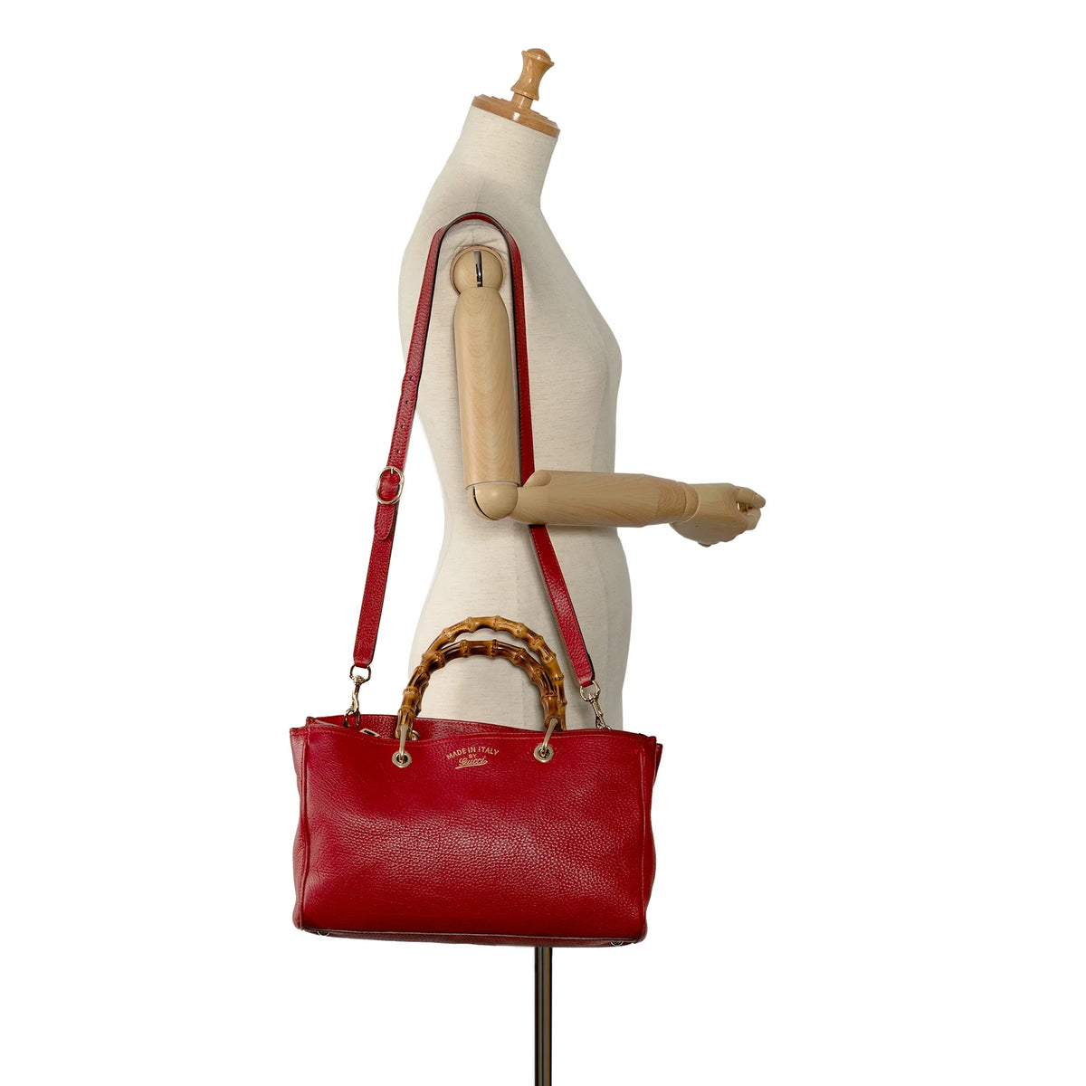 Pre-Owned Authenticated Gucci Medium Bamboo Shopper Calf Leather Red Satchel Unisex (Good)