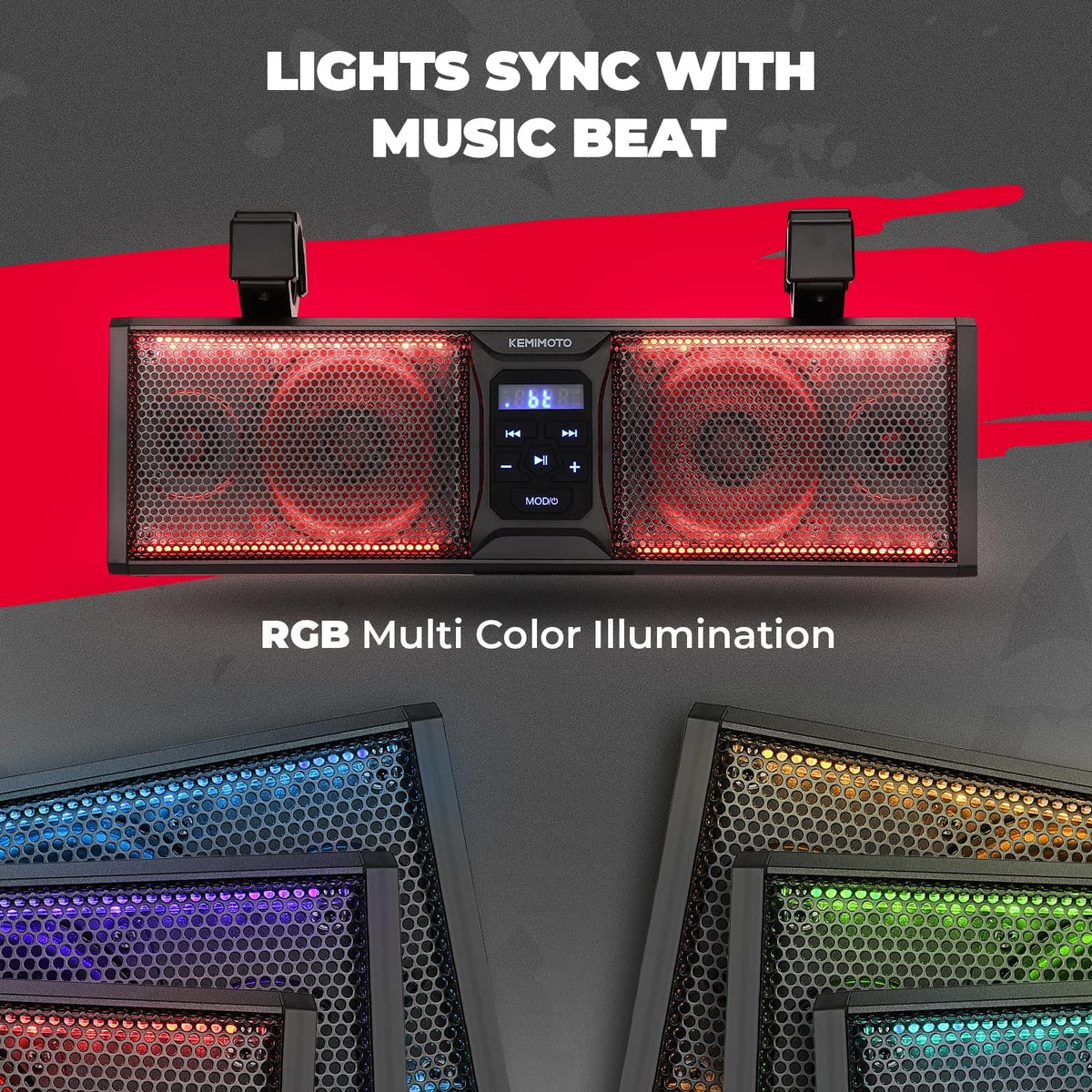 kemimoto UTV Sound Bar 16 Inch ATV SoundBar UTV Sound System SXS Speakers Waterproof Bluetooth Connectivity with Multicolor LED Lighting Compatible with Polaris RZR Ranger Can-Am Defender Maverick
