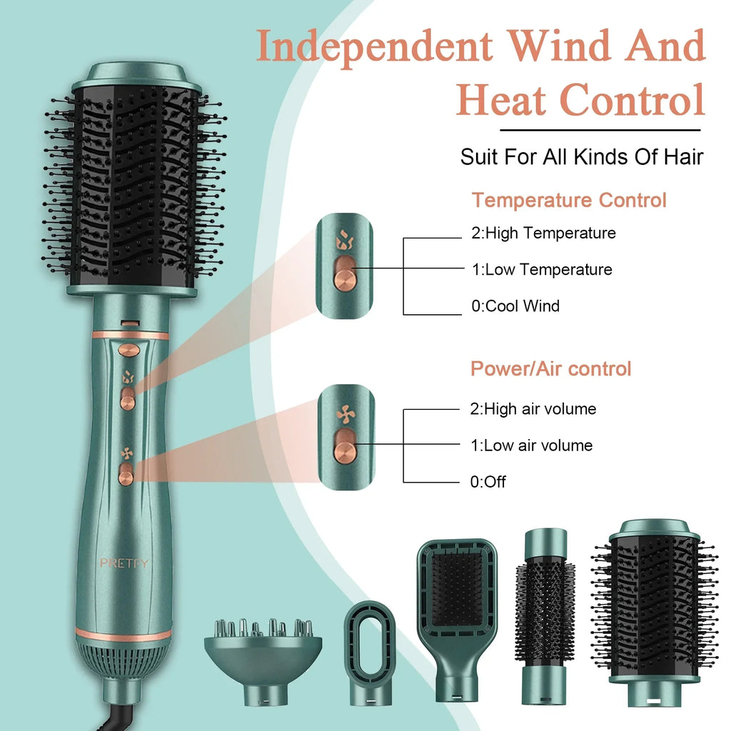 Pretfy Hair Dryer Brush, 5 in 1 Blow Dryer & Volumizer, Negative Ion Detachable Hot Air Brush Set Hair Styler for Straightening/ Drying/ Curling/ Styling