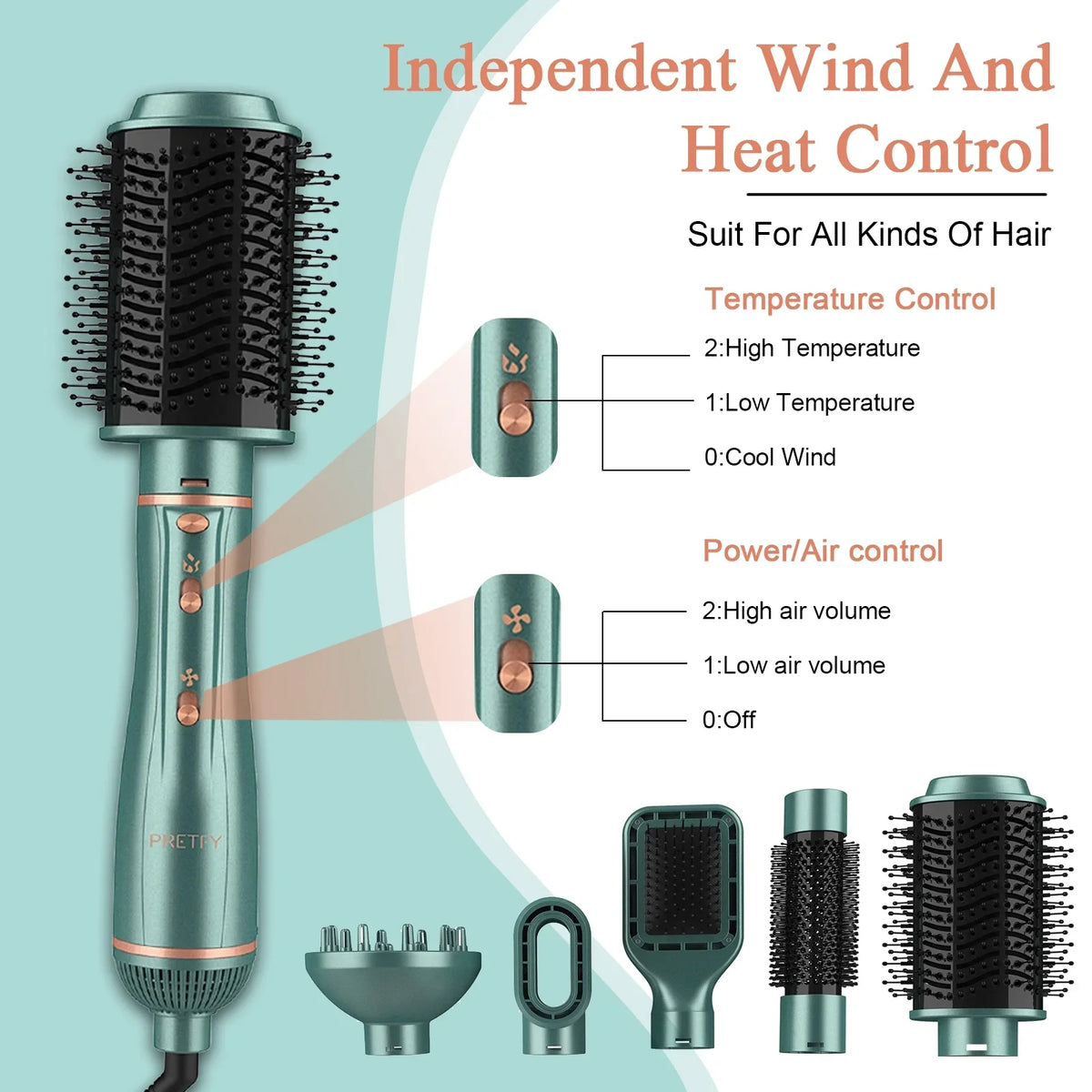 Pretfy Hair Dryer Brush, 5 in 1 Blow Dryer & Volumizer, Negative Ion Detachable Hot Air Brush Set Hair Styler for Straightening/ Drying/ Curling/ Styling