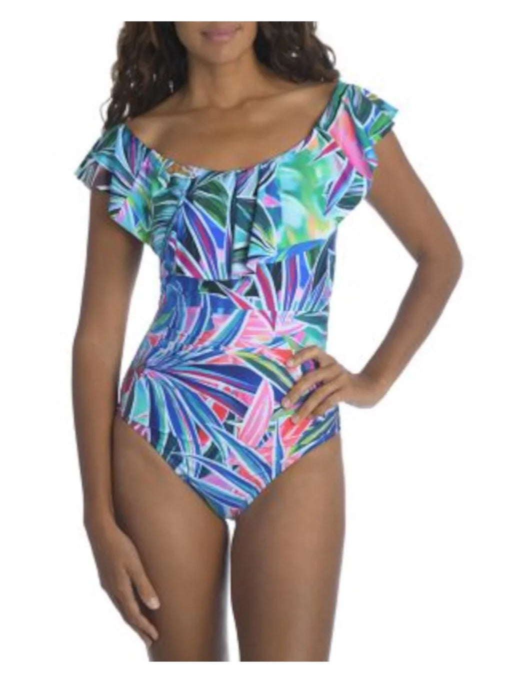 LA BLANCA Women's Blue Printed Off The Shoulder One Piece Swimsuit 10