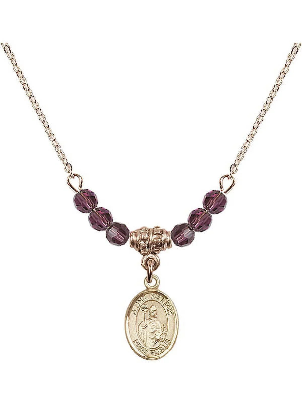 18-Inch Hamilton Gold Plated Necklace with 4mm Purple February Birth Month Stone Beads and Saint Kilian Charm