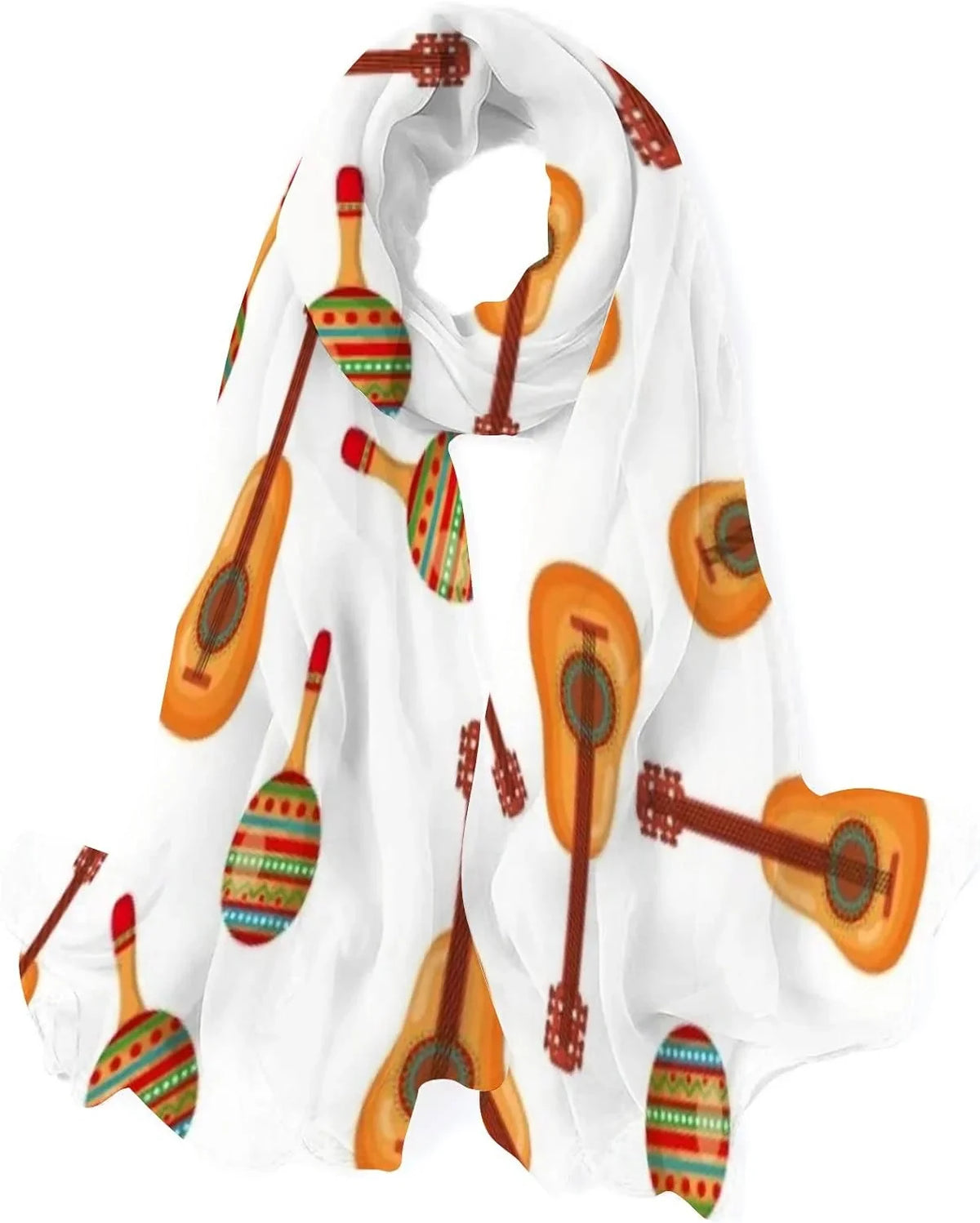 Hyjoy Mexican Culture Maracas And Guitars Pattern Long Silk Neck Scarf Lightweight Shawl Wrap Scarves for Women Girls