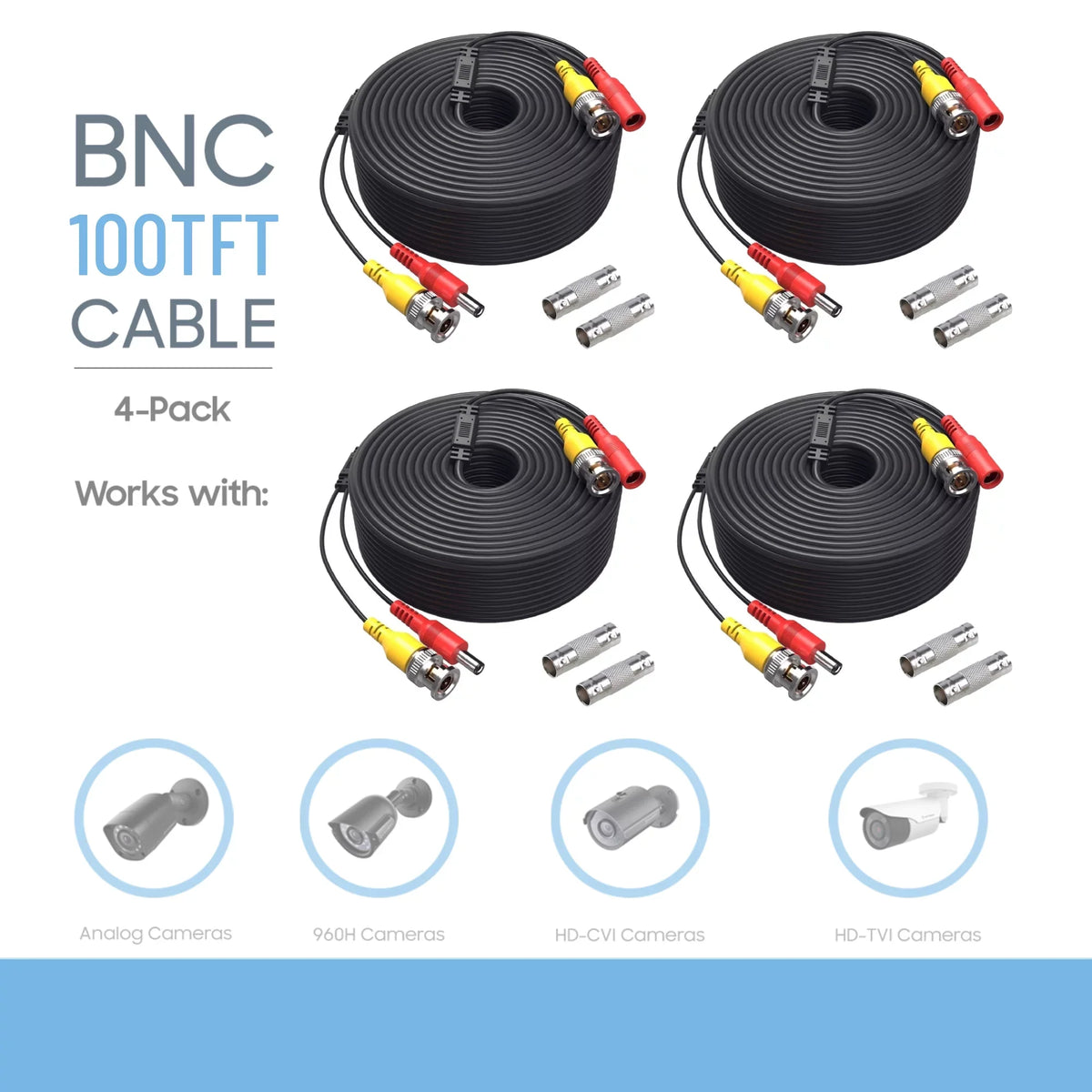 K-MAINS Pack of 4 CCTV Security Camera BNC Cable Siamese Pre-Made 2-in-1 Video and Power Universal Wire PVC Black Cord 100 feet