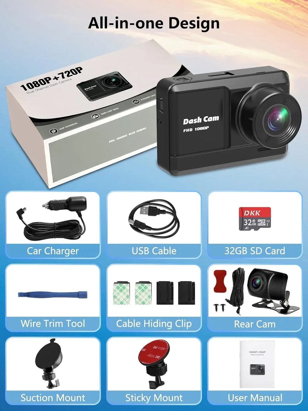 Dash Cam Front and Rear, Mini Dash Cam 1080P Full HD with 32GB SD Card, 2.45 inch IPS Screen, 2 Mounting Ways, Night Vision, WDR, Accident Lock, Loop Recording, Parking Monitor Car,Motorcyle,Balls
