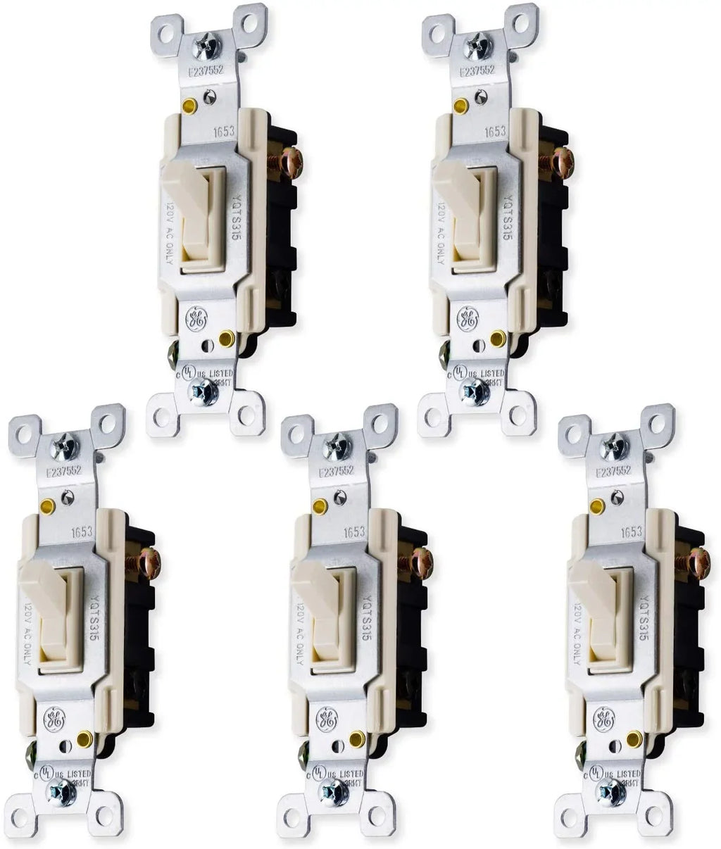 GE Switch, Light Grounding Toggle 5 Pack, 3-Way, 15 Amp, Light Almond, 44032