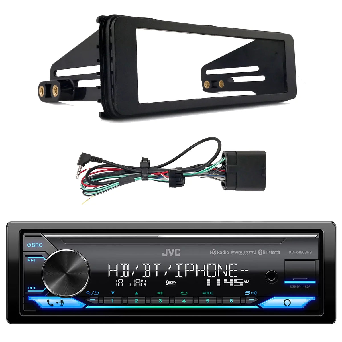 JVC KD-X480BHS Single DIN Bluetooth USB AUX LED AM/FM Radio Stereo SiriusXM Ready Amazon Alexa LED Car Audio Receiver Bundle Combo with Enrock 98-2013 Harley Install Single Din Installation Kit