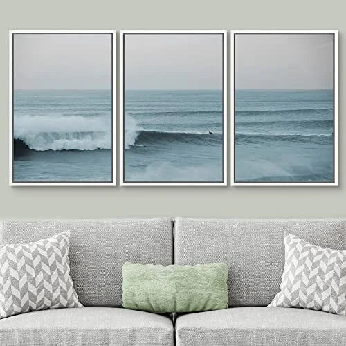 PixonSign Framed Wall Art Set Wide Angle Rushing Ocean Waves and Surfers Nature Wilderness Photography Modern Chic Scenic Modern Art for Living Room, Bedroom, Office - 24"x36"x3 White