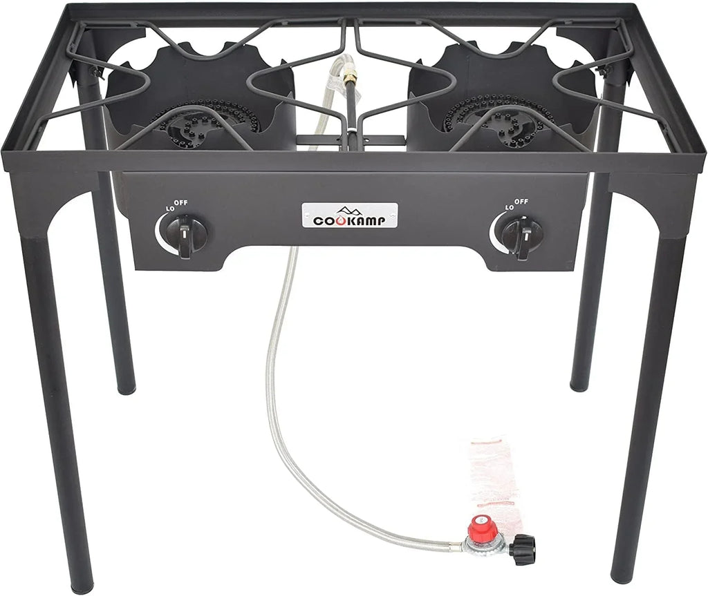 High Pressure Banjo Outdoor Camp Stove with Adjustable Height. 0-20 PSI Adjustable Regulator and Steel Braided Hose (2-Burner)