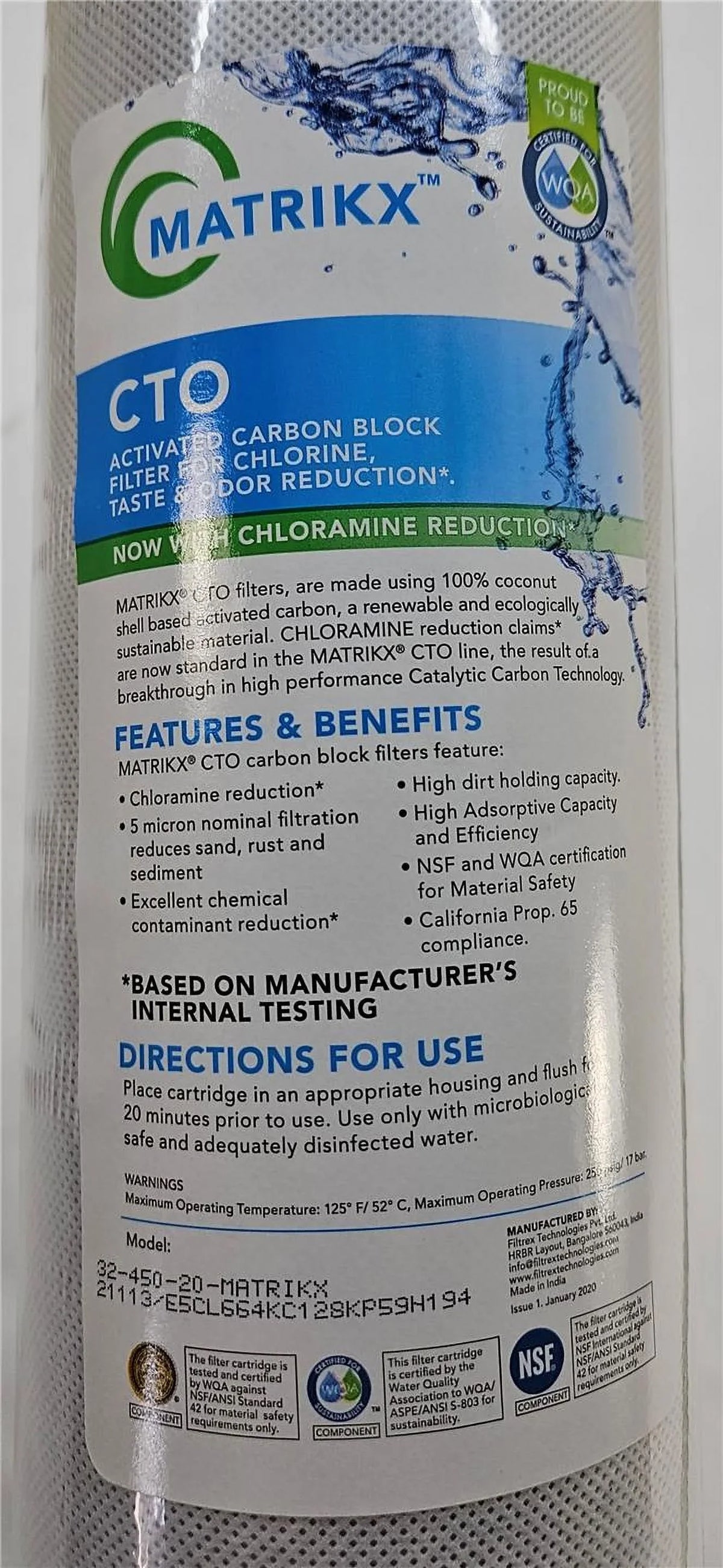 MatriKX (32-450-20-GREEN) 20"x4.5" CTO Carbon Block Chlorine Reduction 5 Micron Filter