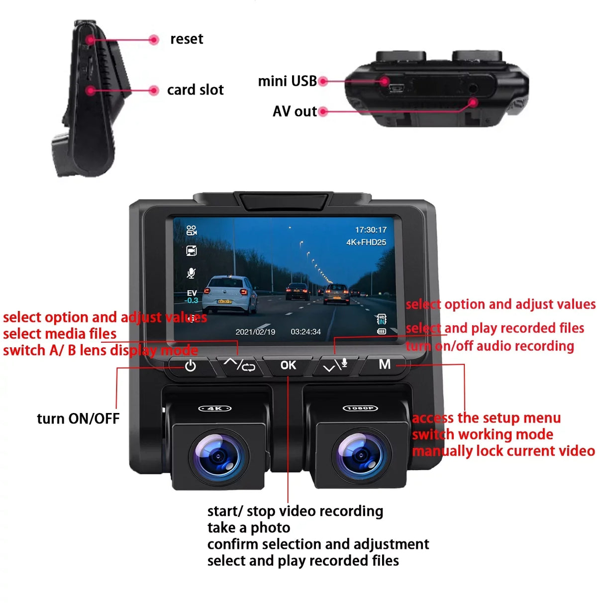Full HD Dual Dash Cam, TOGUARD 1080P+1080P Front and Inside Car Camera Dash Cams 3" LCD Dashboard Camera Black