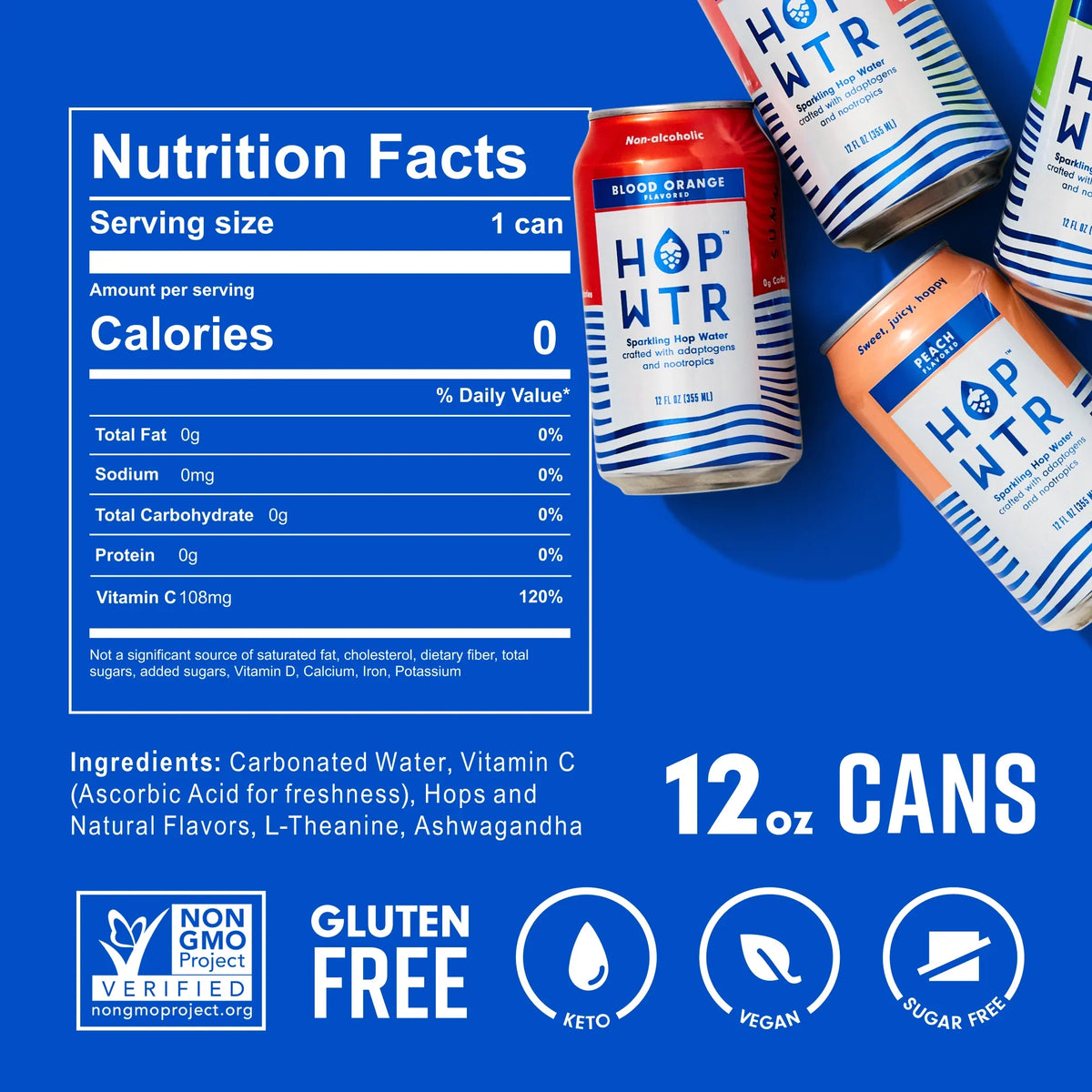 HOP WTR - Sparkling Hop Water - Flavor Pack (12 Pack) - NA Beer, No Calories or Sugar, Low Carb, With Adaptogens and Nootropics for Added Benefits (12 oz Cans)