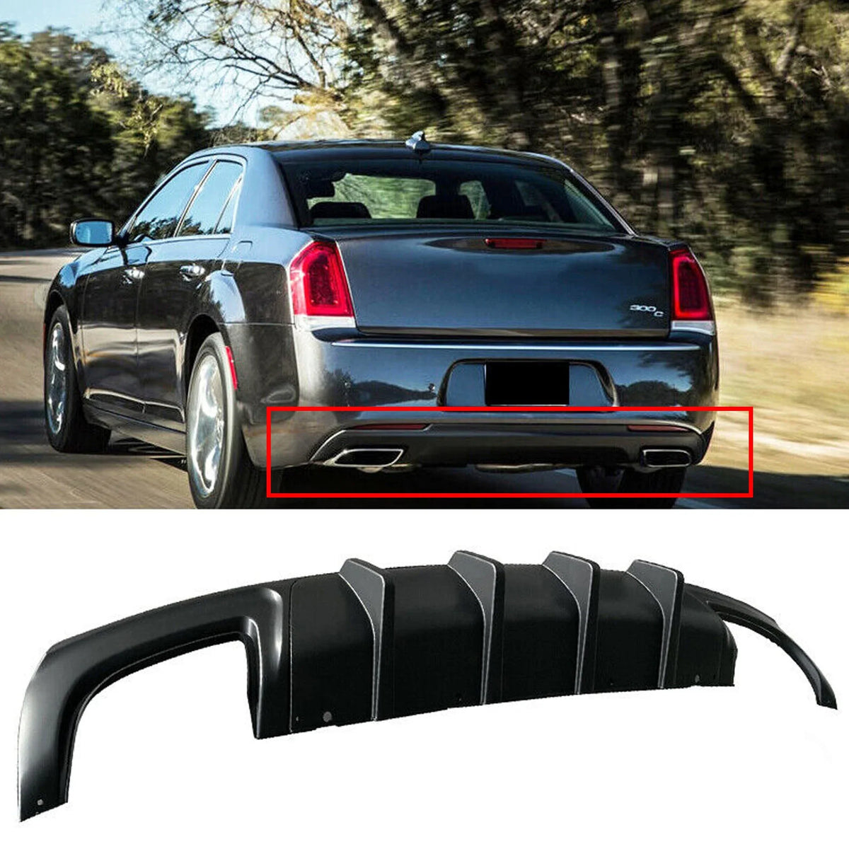 NINTE Rear Diffuser for 2015-2022 Chrysler 300 SRT Back Lip Matte Black Square Exhaust