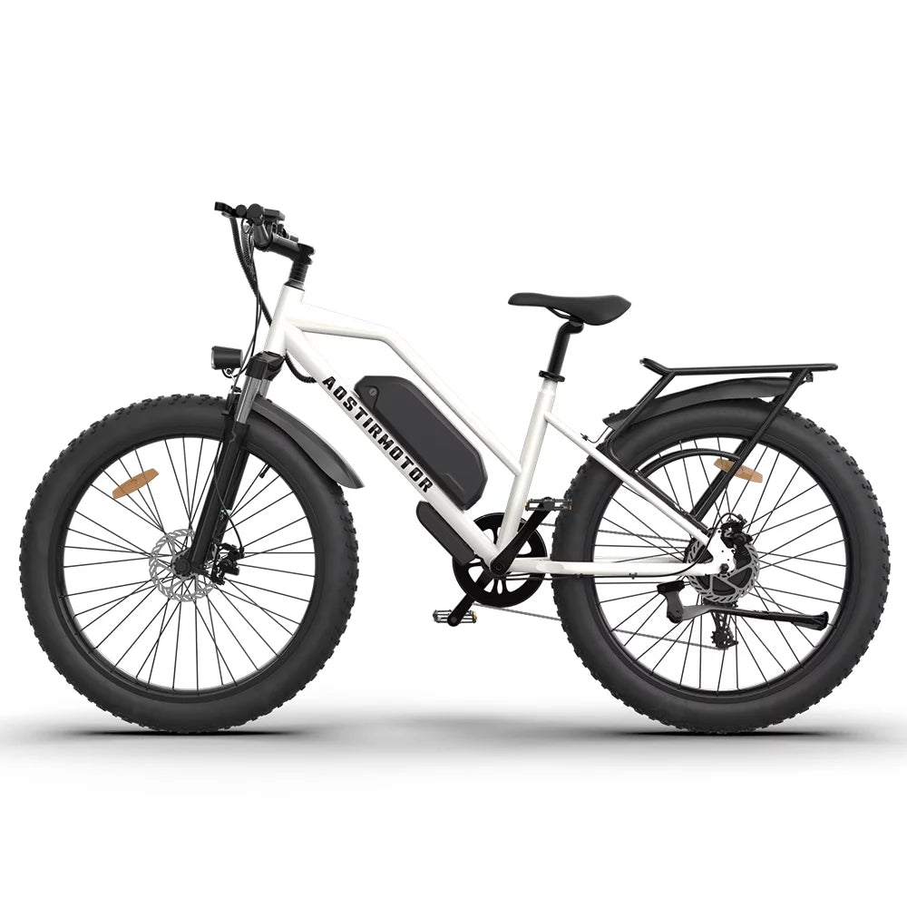 Kmowoo 26inch 750W Electric Two-wheeler Fat Tire P7 48V 13AH Removable Lithium Battery for Adults with Detachable Rear Rack Fender(White)S07-G