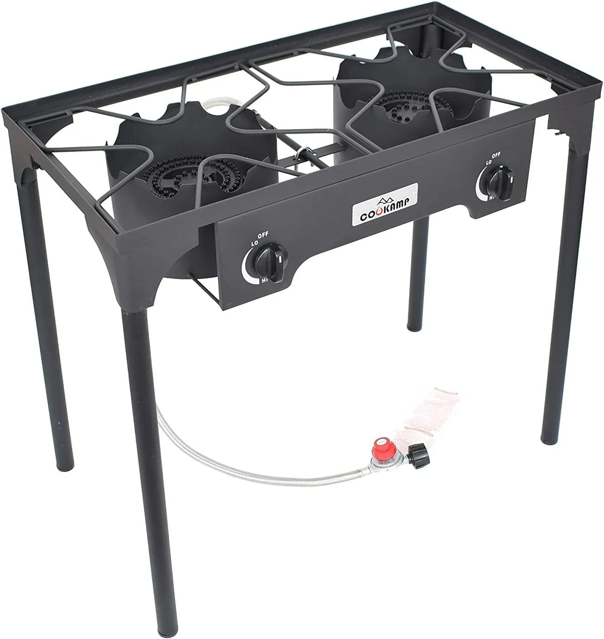 High Pressure Banjo Outdoor Camp Stove with Adjustable Height. 0-20 PSI Adjustable Regulator and Steel Braided Hose (2-Burner)