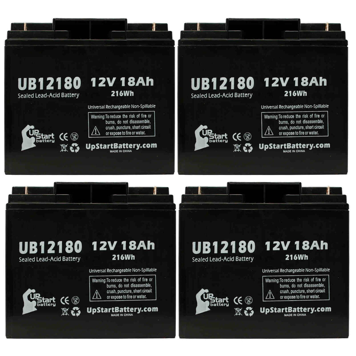 4x Pack - Compatible CSB BATTERY OF AMERICA GP12150F Battery - Replacement UB12180 Universal Sealed Lead Acid Battery (12V, 18Ah, 18000mAh, T4 Terminal, AGM, SLA)