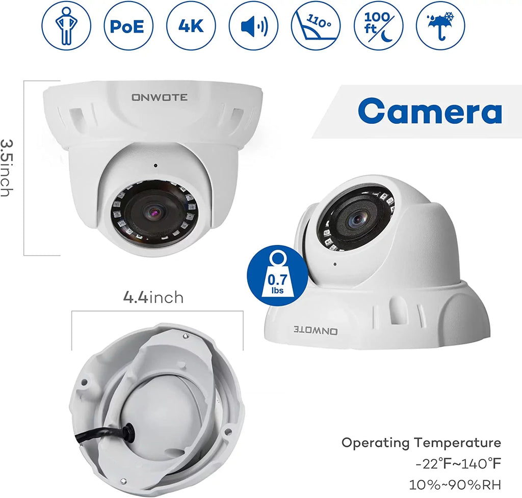 ONWOTE 8 Channel 4K Security Camera System, AI Human Detection, 8CH 4K 8MP POE NVR with 2TB HDD for 24/7 Recording, 6pcs 4K Wide Angle Outdoor Cameras Wired, 8 Channel Synchronous Playback