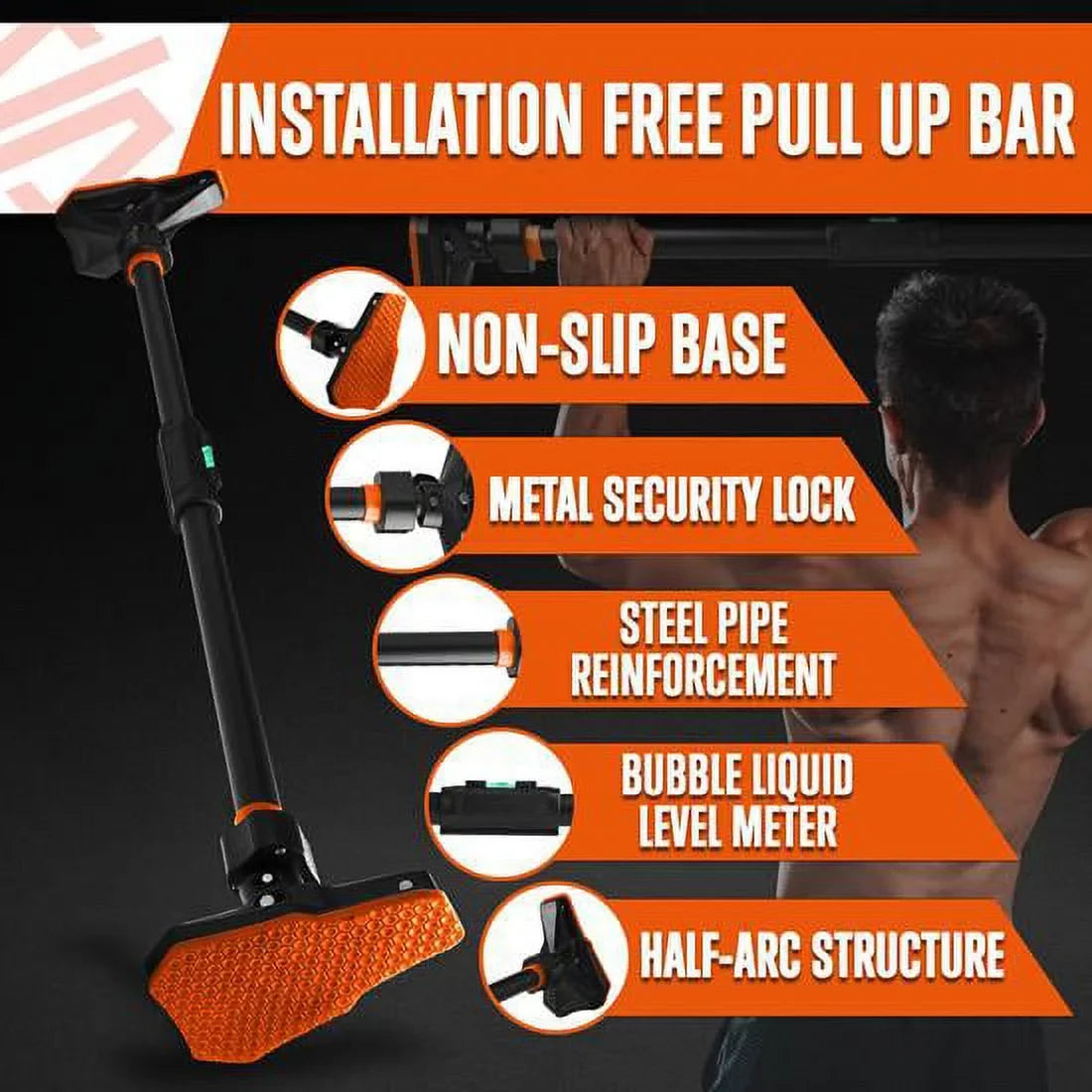 SQUATZ 48” Adjustable Pull-up Bar -Adjustable Width 37 to 56 inches, ,orange and black color