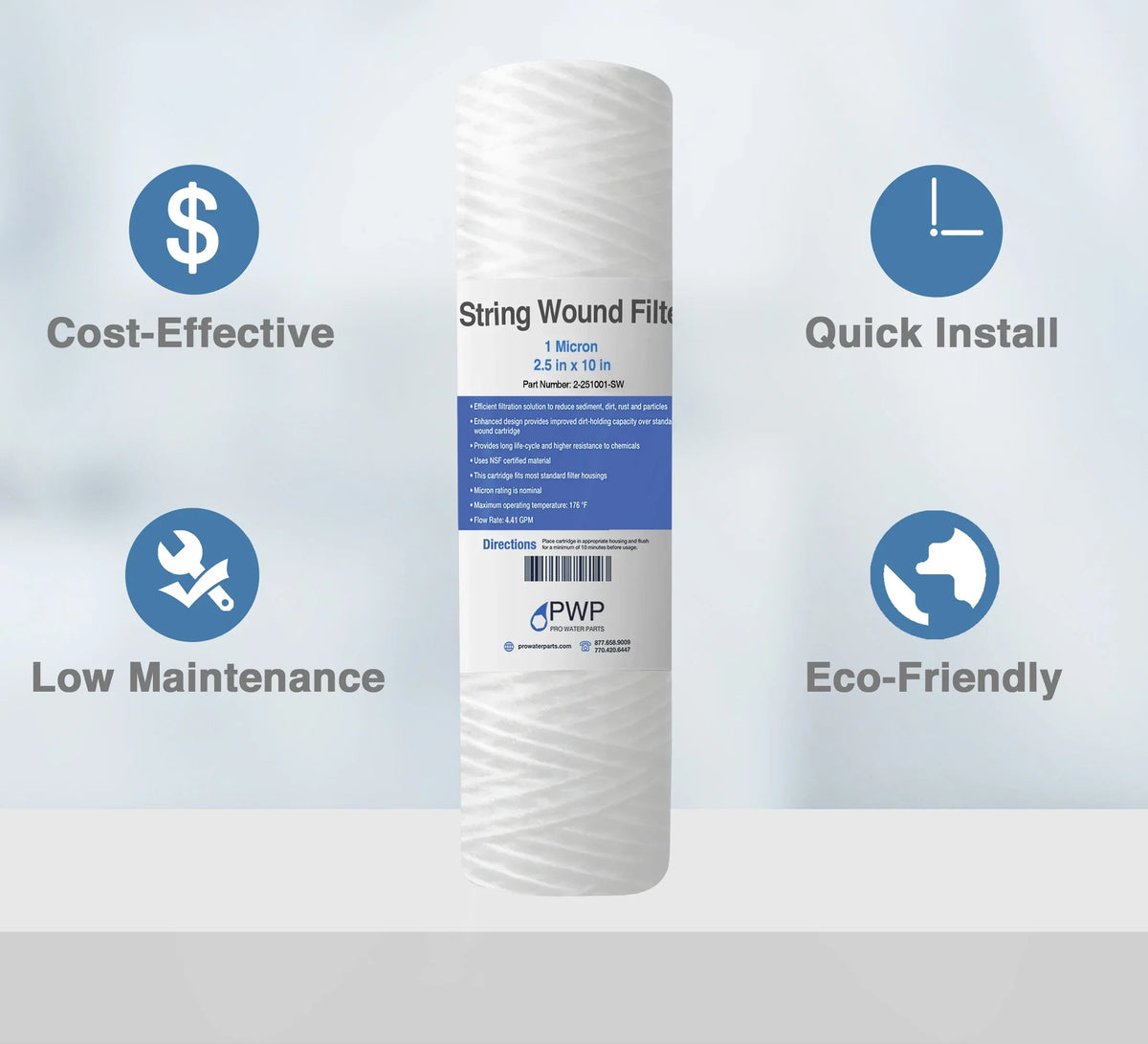 String Wound Sediment Water Filter Cartridge Standard 2.5x10" 1 Micron 50 Pack