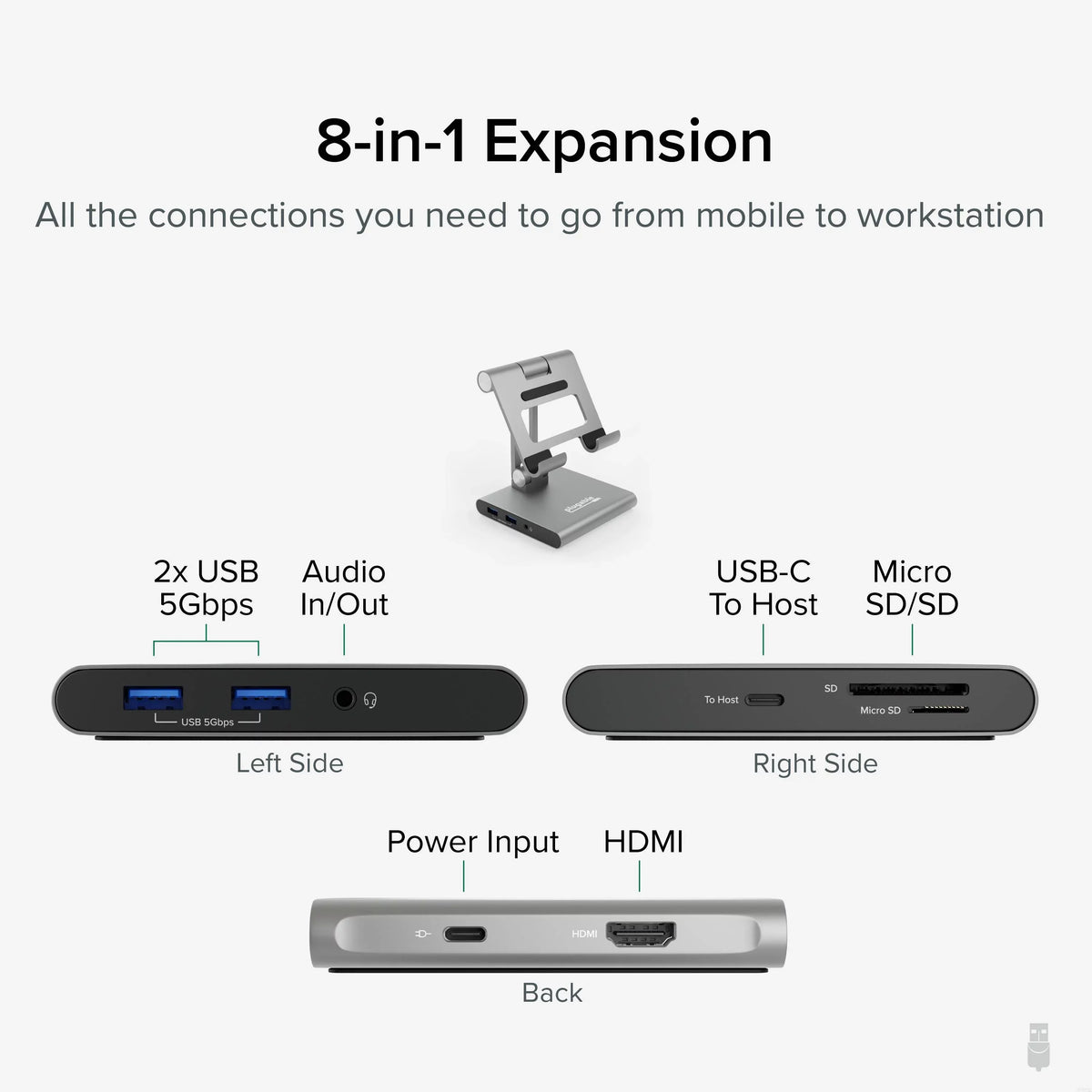 Plugable 8-in-1 USB C Docking Station for iPad with Stand, 100W Pass-through Charging USB-C Hub, 1x HDMI, 2x USB, Audio, and SD, Compatible with Windows, iPadOS, USB-C Phones, and Tablets