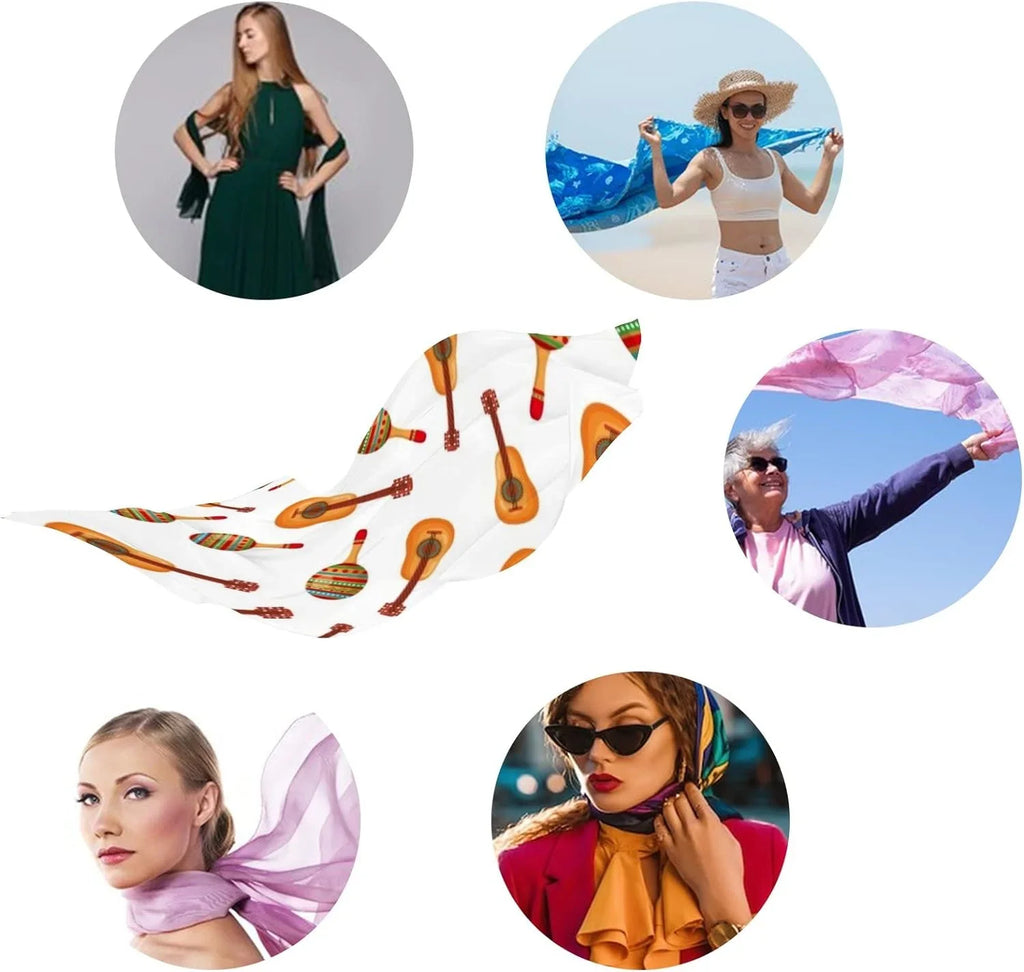 Hyjoy Mexican Culture Maracas And Guitars Pattern Long Silk Neck Scarf Lightweight Shawl Wrap Scarves for Women Girls