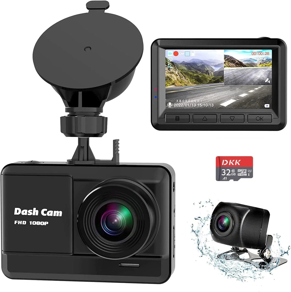 Dash Cam Front and Rear, Mini Dash Cam 1080P Full HD with 32GB SD Card, 2.45 inch IPS Screen, 2 Mounting Ways, Night Vision, WDR, Accident Lock, Loop Recording, Parking Monitor Car,Motorcyle,Balls