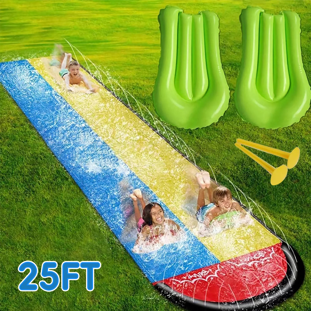YoYfun 25ft x 4.6ft Double Water Slide for Adult Kids, Heavy Duty Lawn Water Slide with Sprinkler and 2 Slip Inflatable Boards for Summer Yard Lawn Outdoor Water Play Activities
