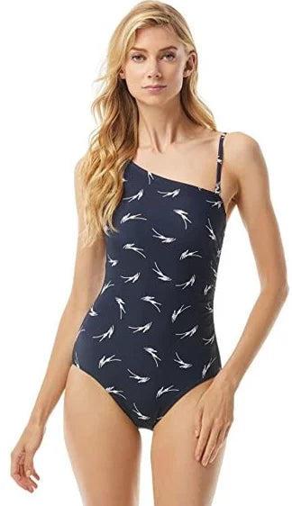 Michael Kors NAVY Feather One Shoulder One-Piece Swimsuit, US 14