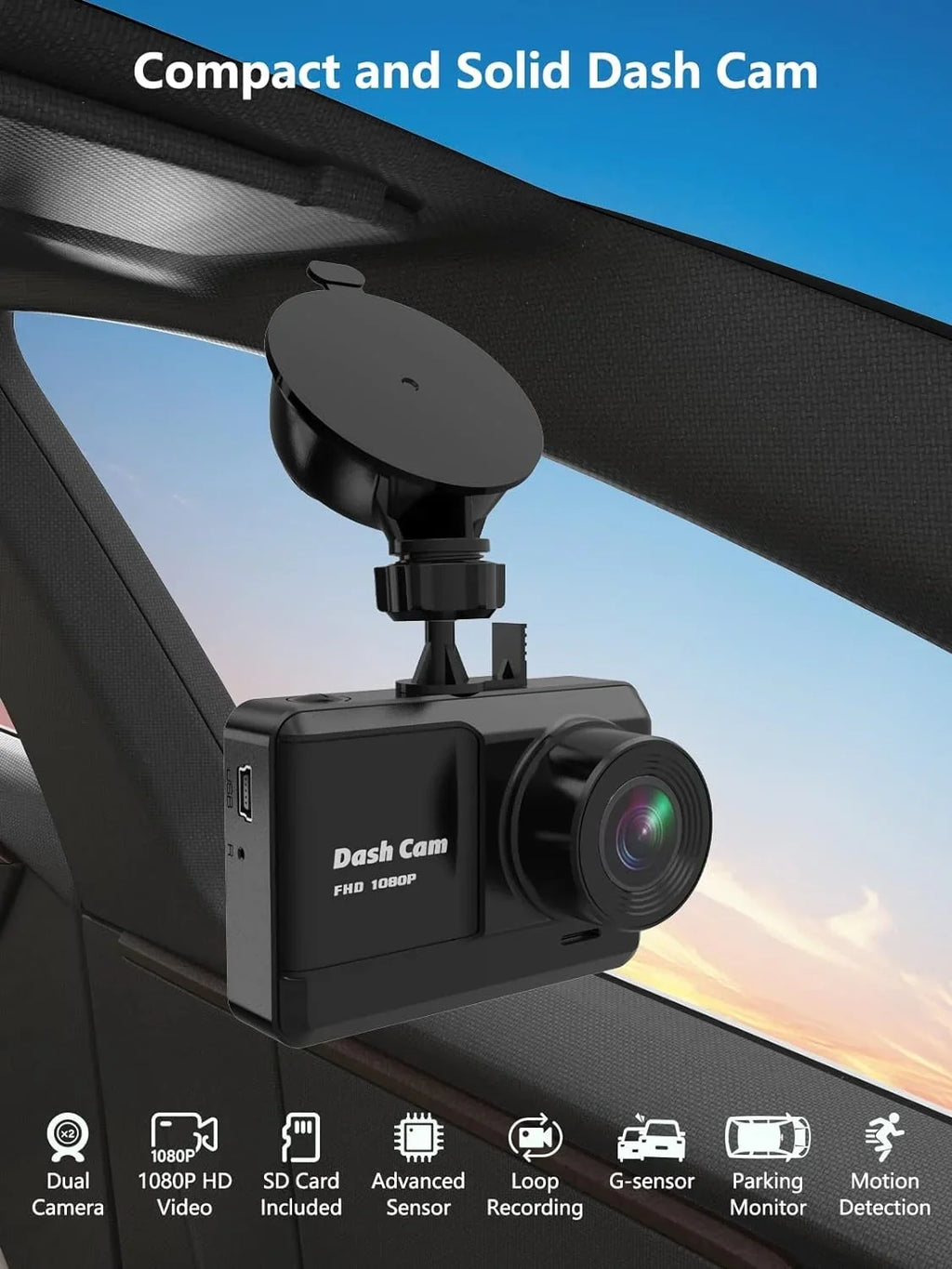 Dash Cam Front and Rear, Mini Dash Cam 1080P Full HD with 32GB SD Card, 2.45 inch IPS Screen, 2 Mounting Ways, Night Vision, WDR, Accident Lock, Loop Recording, Parking Monitor Car,Motorcyle,Balls