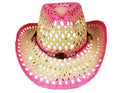 Hot Pink Ombre Tea Stain Paper Straw COWBOY HAT Beach Gardening WESTERN Cowgirl Summer Hat with Beads