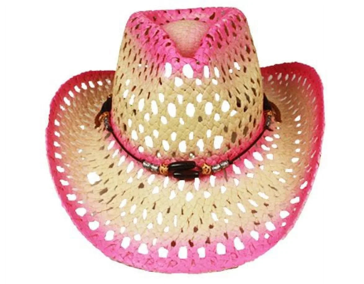 Hot Pink Ombre Tea Stain Paper Straw COWBOY HAT Beach Gardening WESTERN Cowgirl Summer Hat with Beads