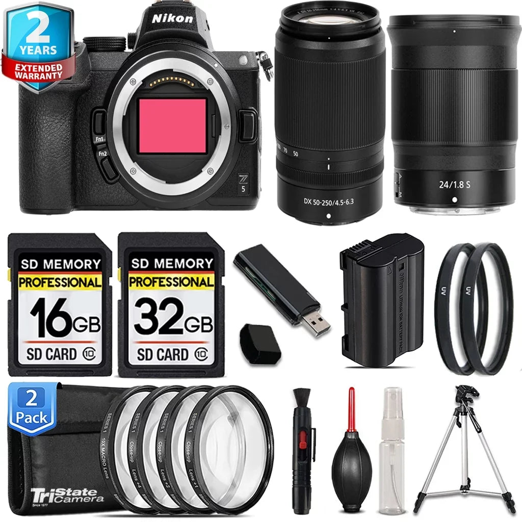 Nikon Z5 Mirrorless Camera with 50-250mm f/4.5-6.3 VR Lens + 24mm f/1.8 S Lens + UV Filters + 48GB Kit