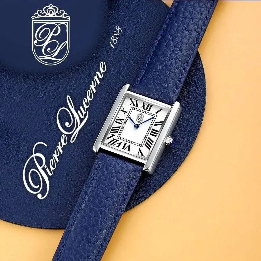 Pierre Lucerne 1888 Louie Must Tank Vintage Swiss Style Classic Mens Dress Watch Blue Band