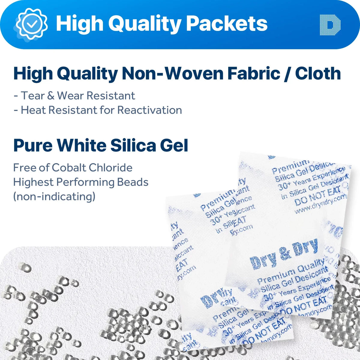 20 Gram [100 Packs] "Dry & Dry" Premium Silica Gel Packets Desiccant Dehumidifiers - Rechargeable Fabric