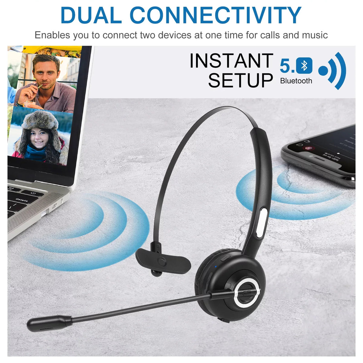 Cushioned Bluetooth Headset, UX-M97 Wireless Headset with Microphone, Wireless Cell Phone Headset with Noise Isolation Mic Charging Base Mute Function for Oppo F9 (F9 Pro) With Charging Dock