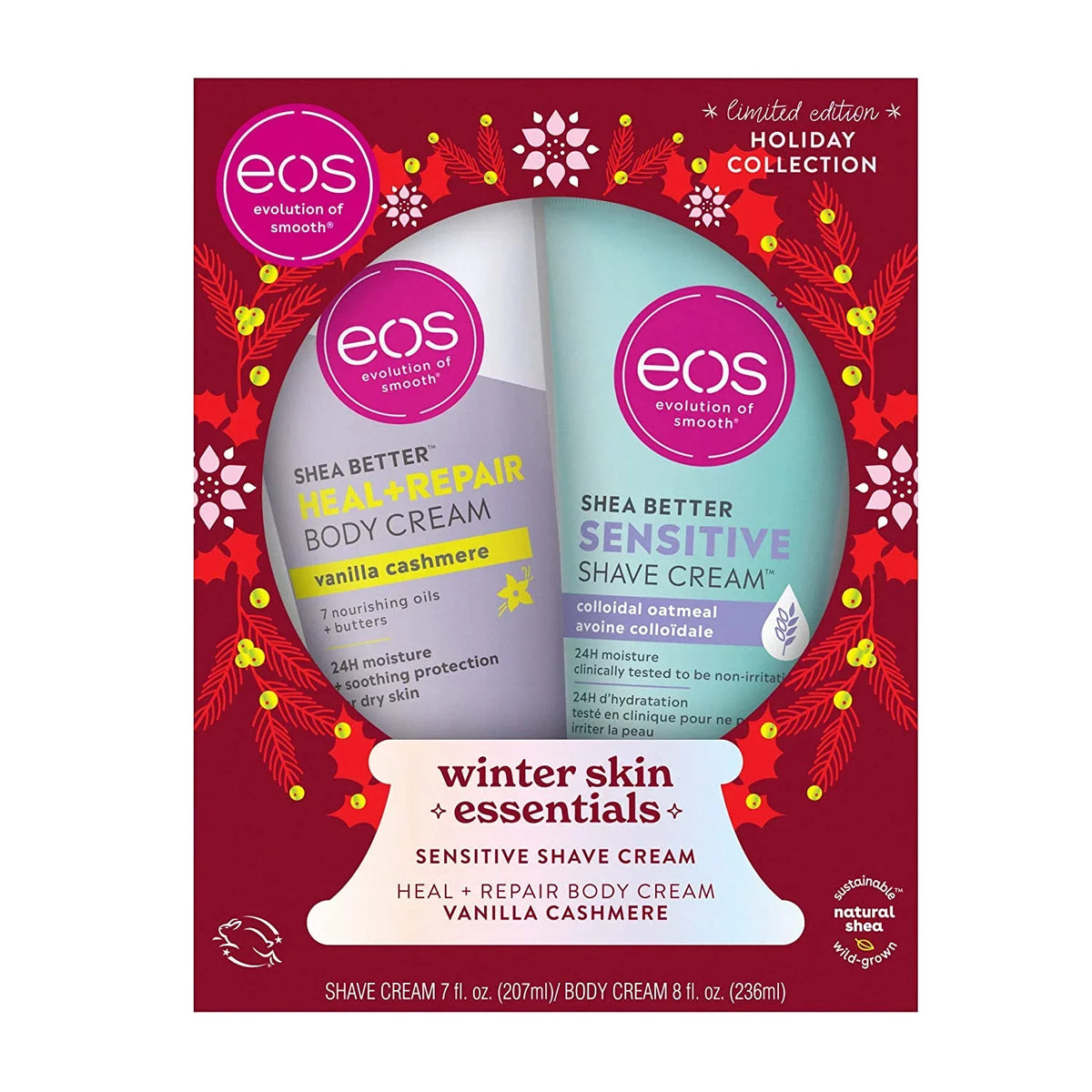 eos Vanilla Cashmere Holiday Collection Winter Skin Essentials, 2 Pcs Shea Butter Sensitive Skin Shave Cream (7oz) & Shea Butter Heal/Repair Body Cream (8oz)
