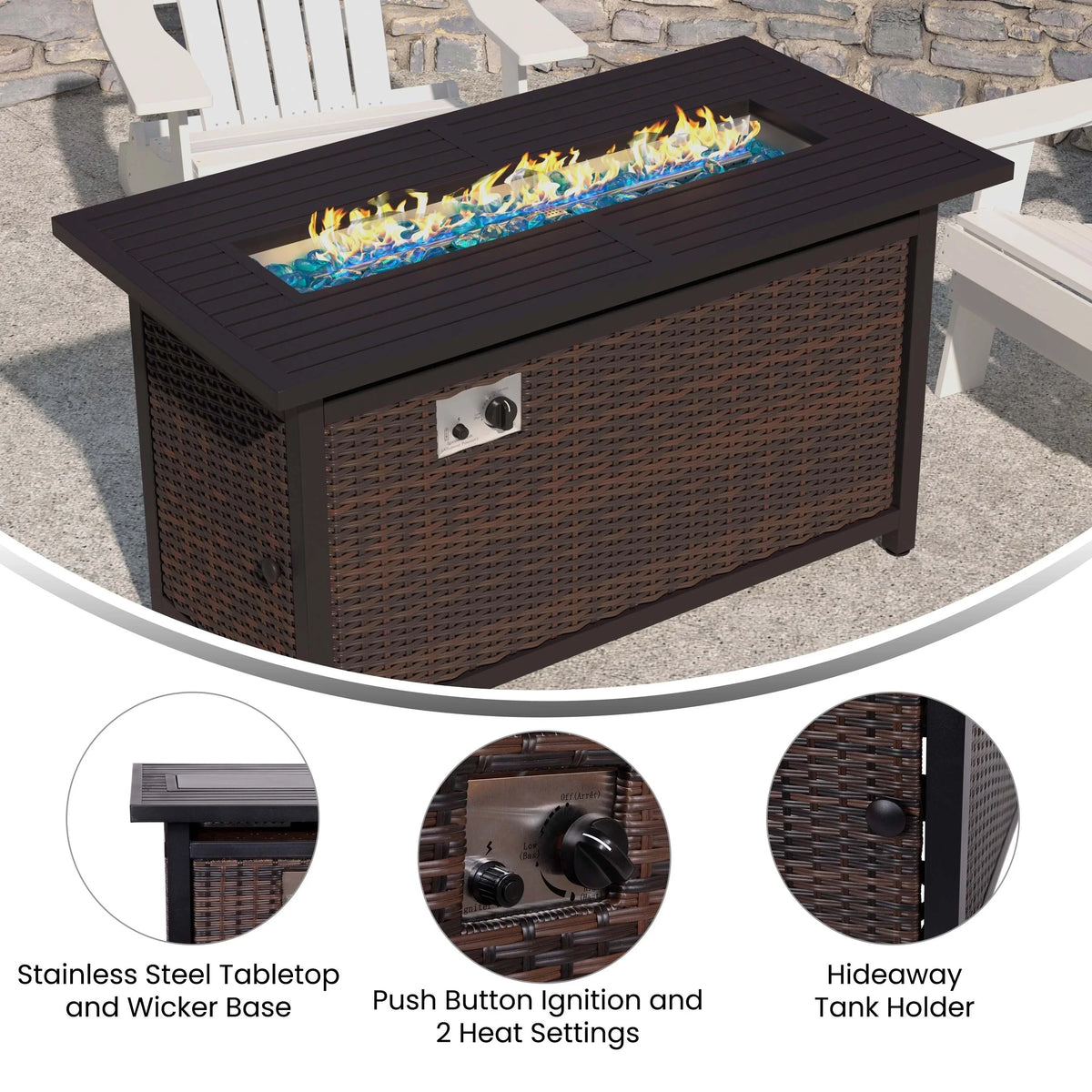 Lancaster Home Outdoor 50,000 BTU Fire Table with Steel Top and Wicker Base