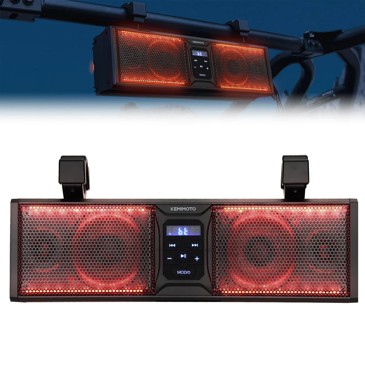 kemimoto UTV Sound Bar 16 Inch ATV SoundBar UTV Sound System SXS Speakers Waterproof Bluetooth Connectivity with Multicolor LED Lighting Compatible with Polaris RZR Ranger Can-Am Defender Maverick